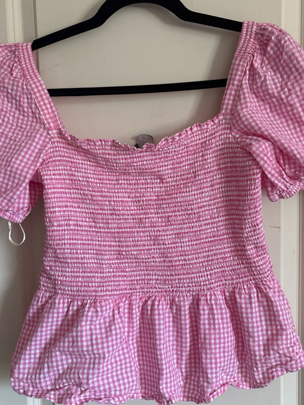 Pink Gingham Smocked Peplum Top